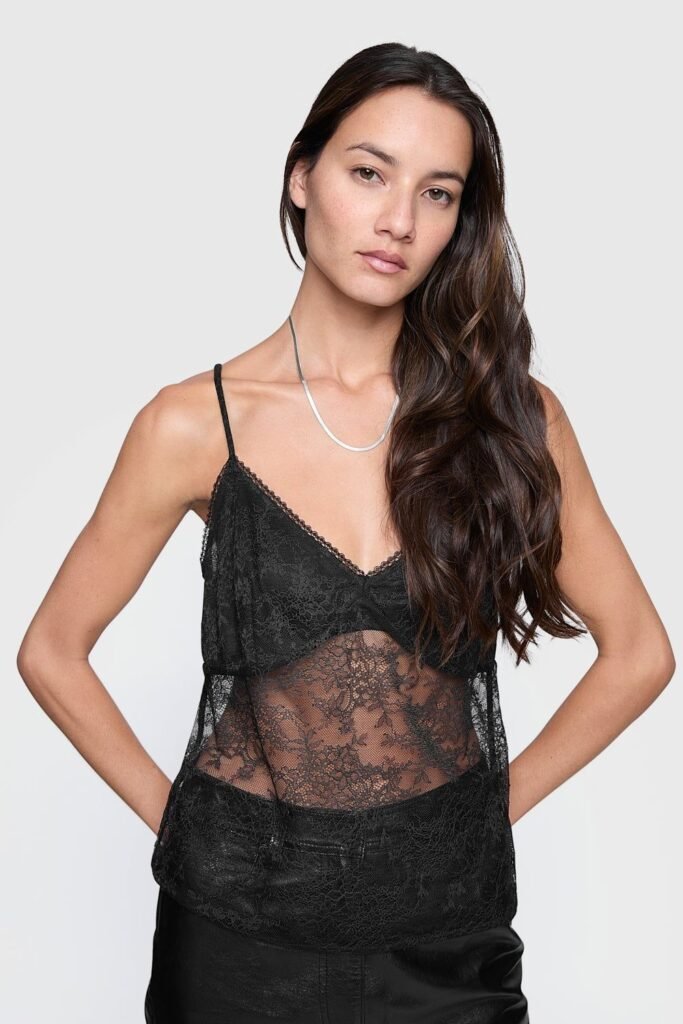 Sheer Black Lace Camisole + High Waisted Black Leather Pants + Silver Snake Chain