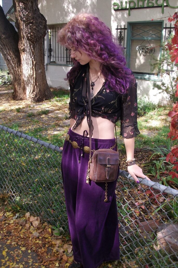 Sheer Floral Tie Front Top + Purple Velvet Wide Leg Pants + Leather Crossbody Bag