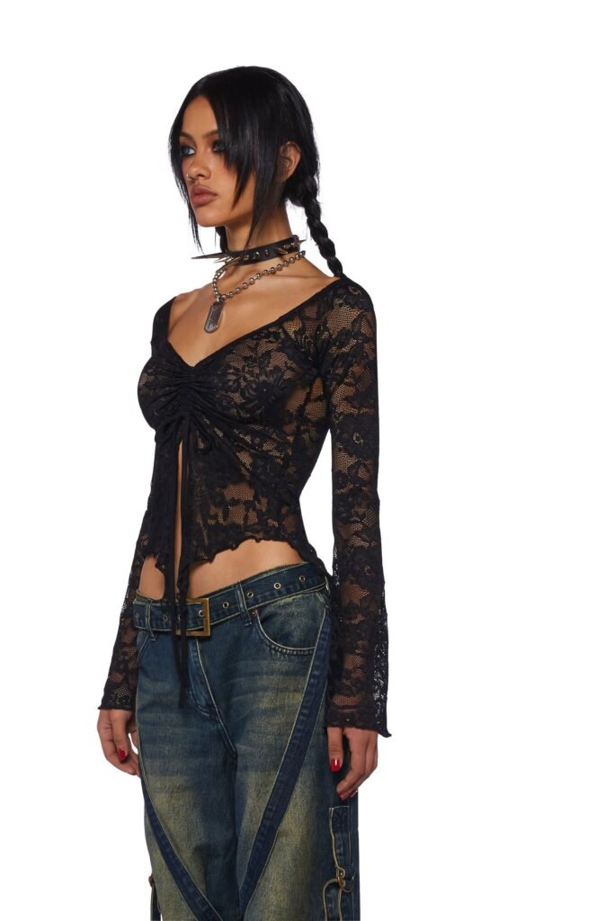 Sheer Lace Long Sleeve Top + Panel Detail Jeans + Spiked Choker