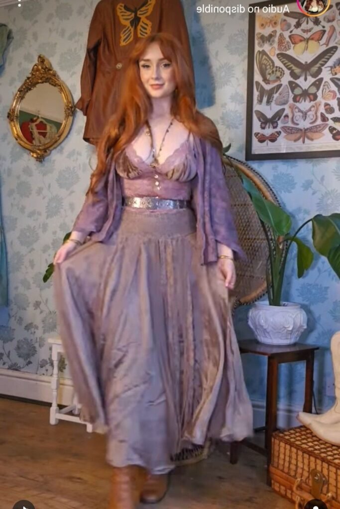 Sheer Lavender Shrug + Lace Camisole + Flowy Taupe Maxi Skirt + Brown Leather Boots
