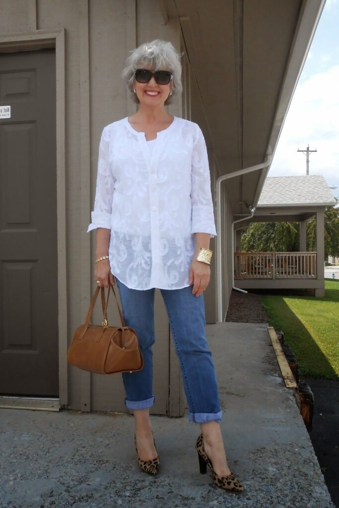 Sheer White Embroidered Tunic + Cuffed Slim Fit Jeans + Leopard Print Pumps