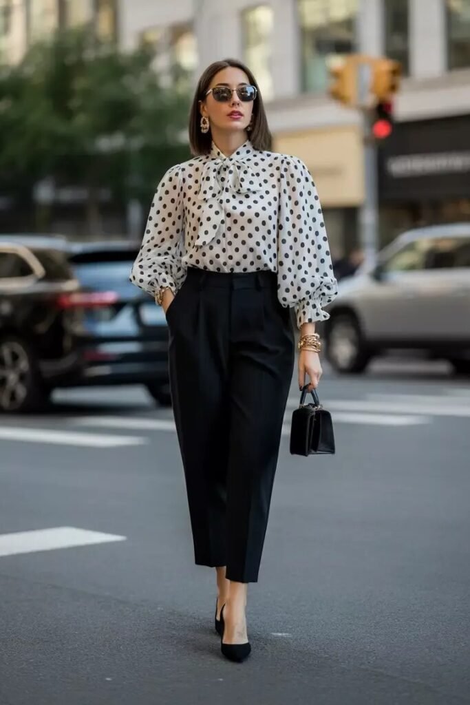 Sheer White Polka Dot Tie-Neck Blouse + Black Tailored Trousers + Black Pumps