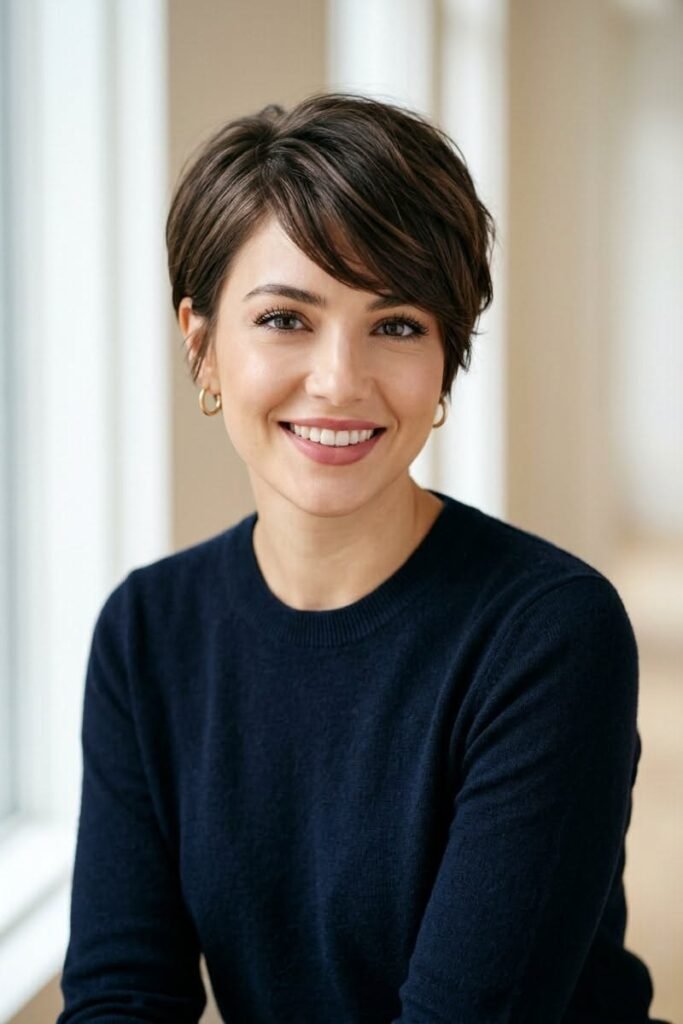 Short Brunette Pixie Cut with Side-Swept Bangs