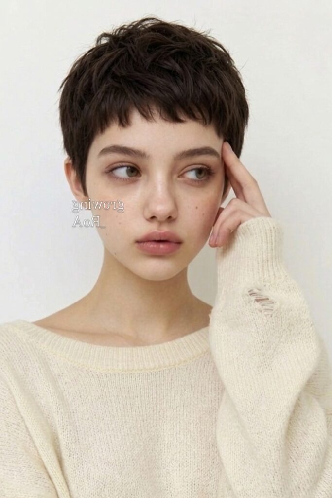 45. Short Cropped Pixie with Soft Micro Bangs and Textured Top