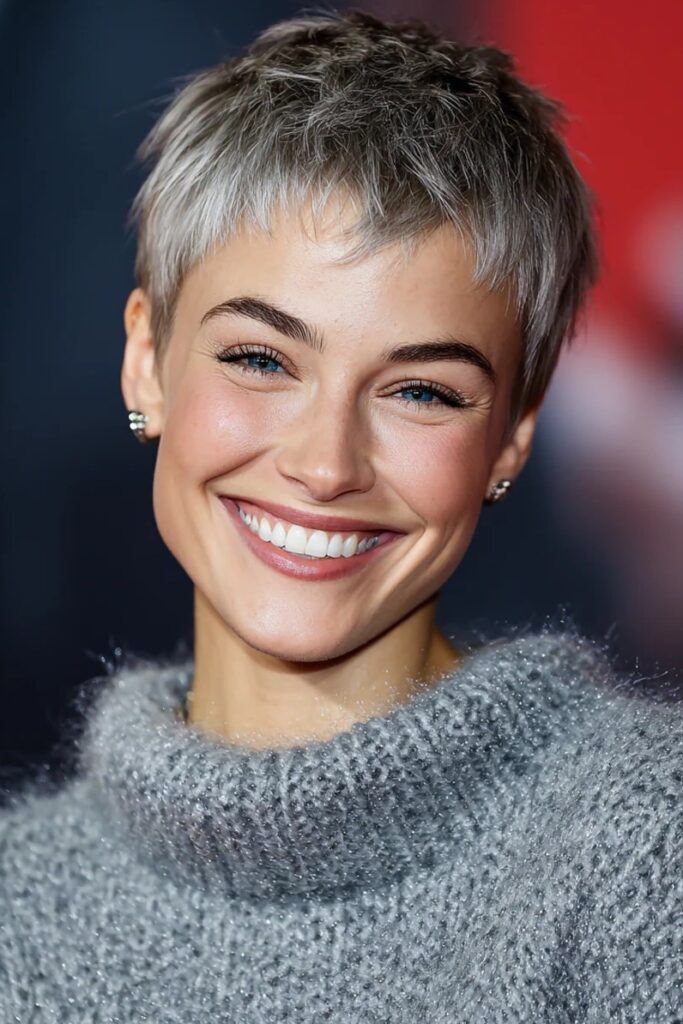 46. Short Cropped Silver-Grey Pixie with Textured Fringe