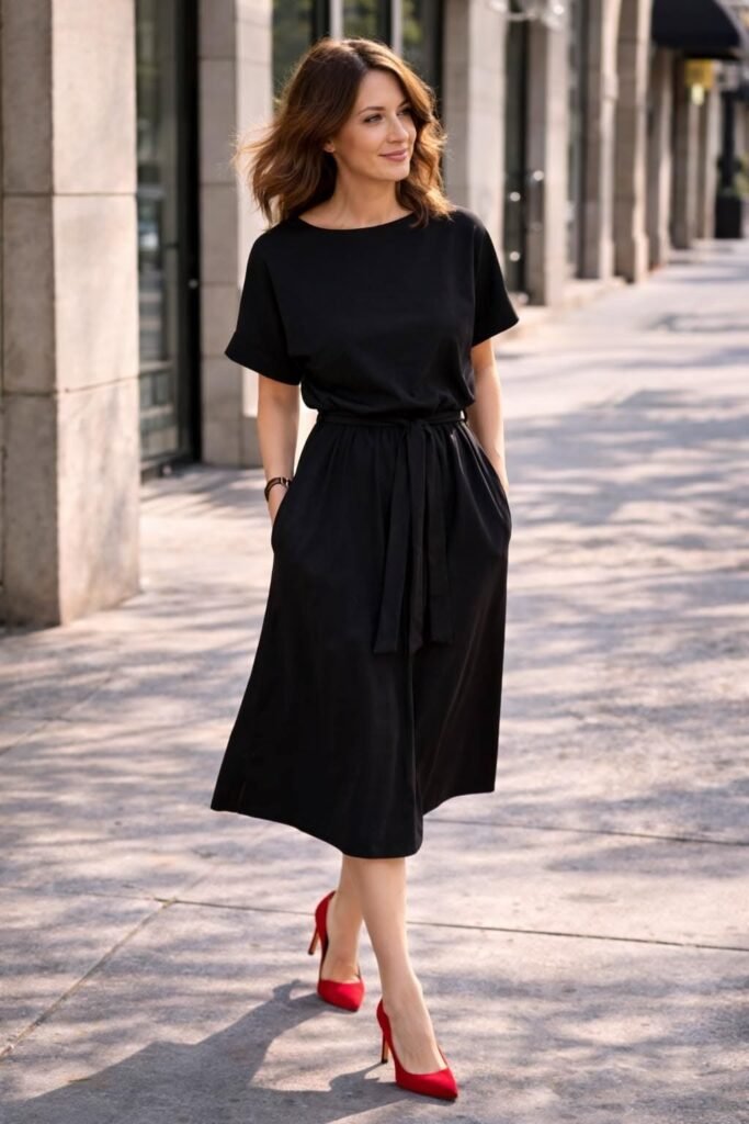 Short Sleeve Black Midi Dress + Red Pointed Toe Heels