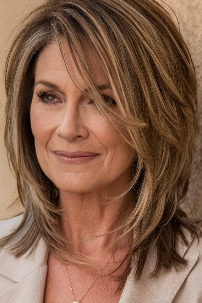 Shoulder-Length Heavily Layered Cut with Side-Swept Bangs