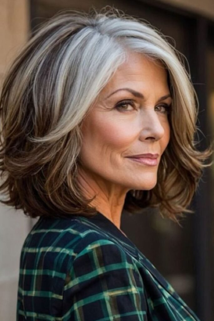 Shoulder-Length Layered Cut with Dramatic Face-Framing Silver Highlights