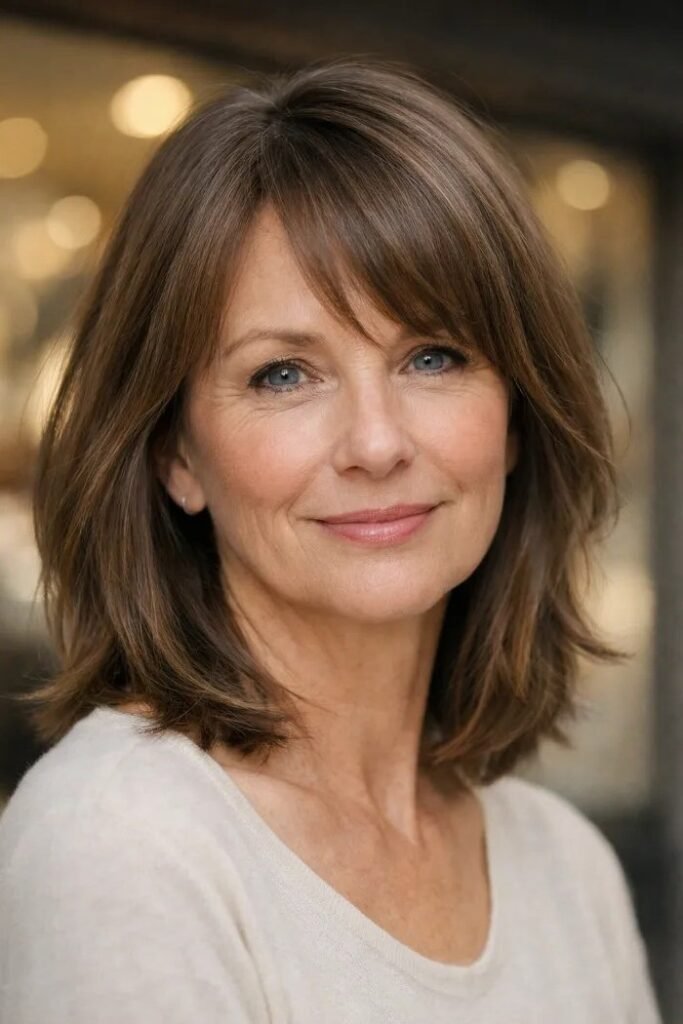 Shoulder-Length Layered Cut with Wispy Bangs