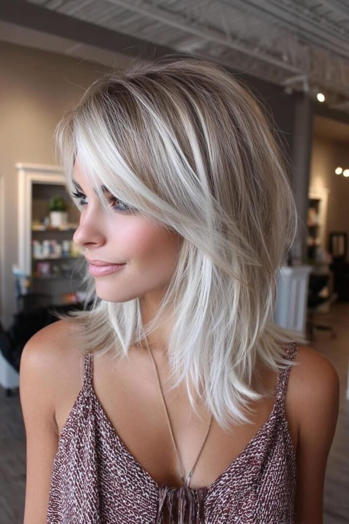 Shoulder-Length Layered Shag with Curtain Bangs