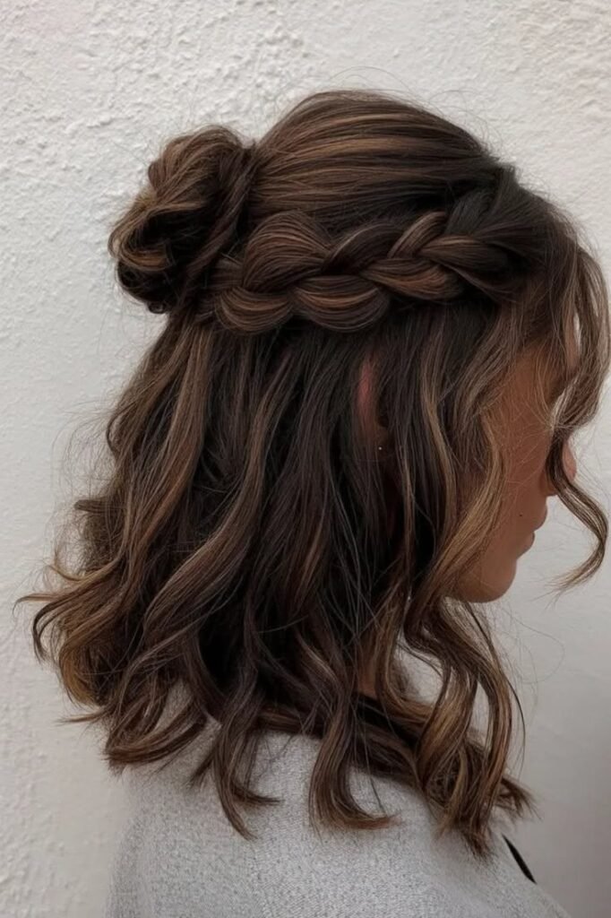 Side French Braid into a Half-Up Messy Bun on Wavy Dark Brunette Bob