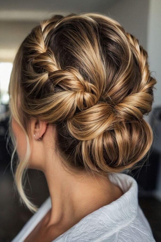Side-Swept Braided Crown Leading into a Textured Low Bun