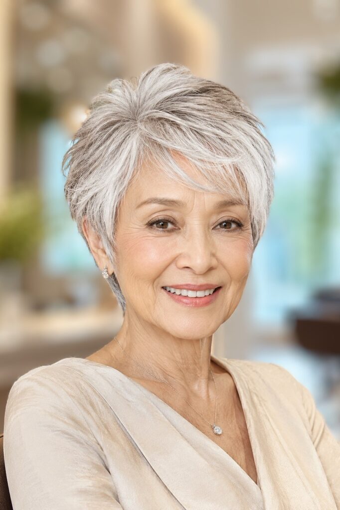 43. Side-Swept Layered Silver Pixie