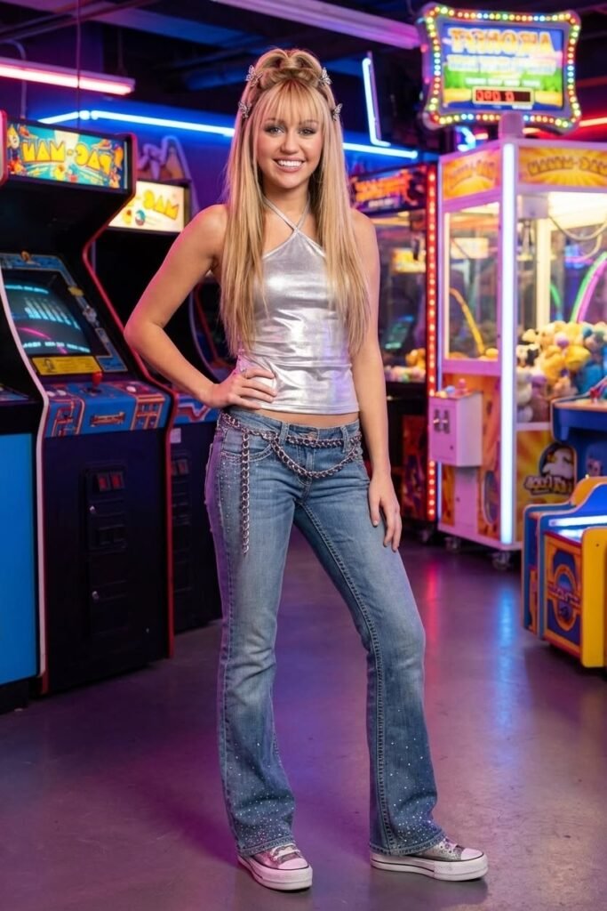 Silver Halter Top + Blue Flare Jeans + Silver Star Sneakers