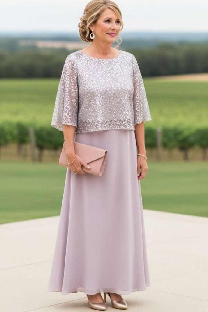 Silver Sequin Flutter-Sleeve Top + Lavender Chiffon Maxi Skirt + Champagne Pointed-Toe Heels
