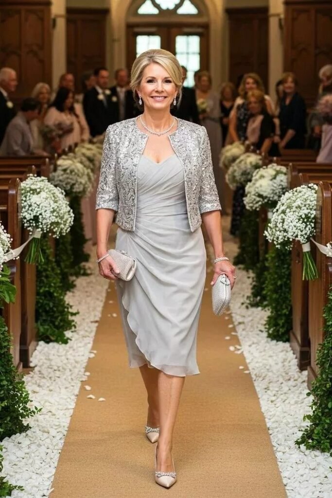 Silver Sequined Cropped Blazer + Pale Grey Ruched Sheath Dress + Champagne Sparkly Heels