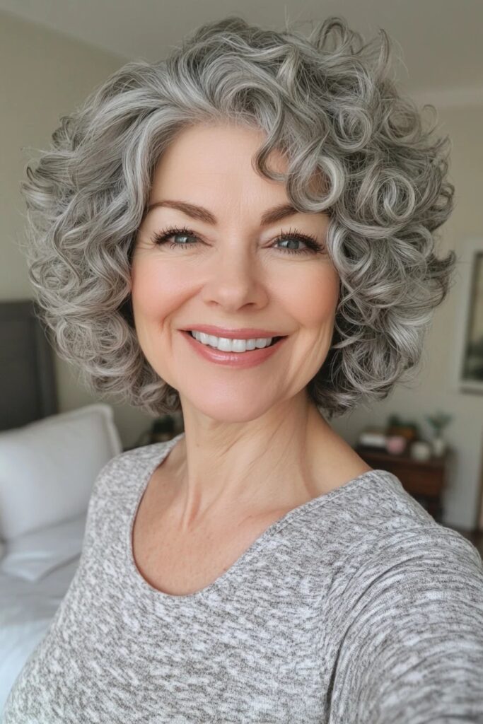 35. Silver Voluminous Curly Bob with Face-Framing Curls
