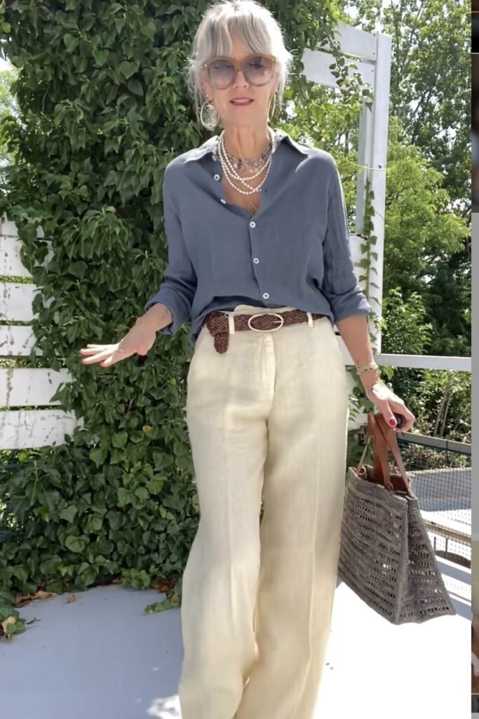 Slate Blue Button-Down Shirt + Cream Linen Wide-Leg Trousers + Brown Woven Belt + Grey Woven Tote