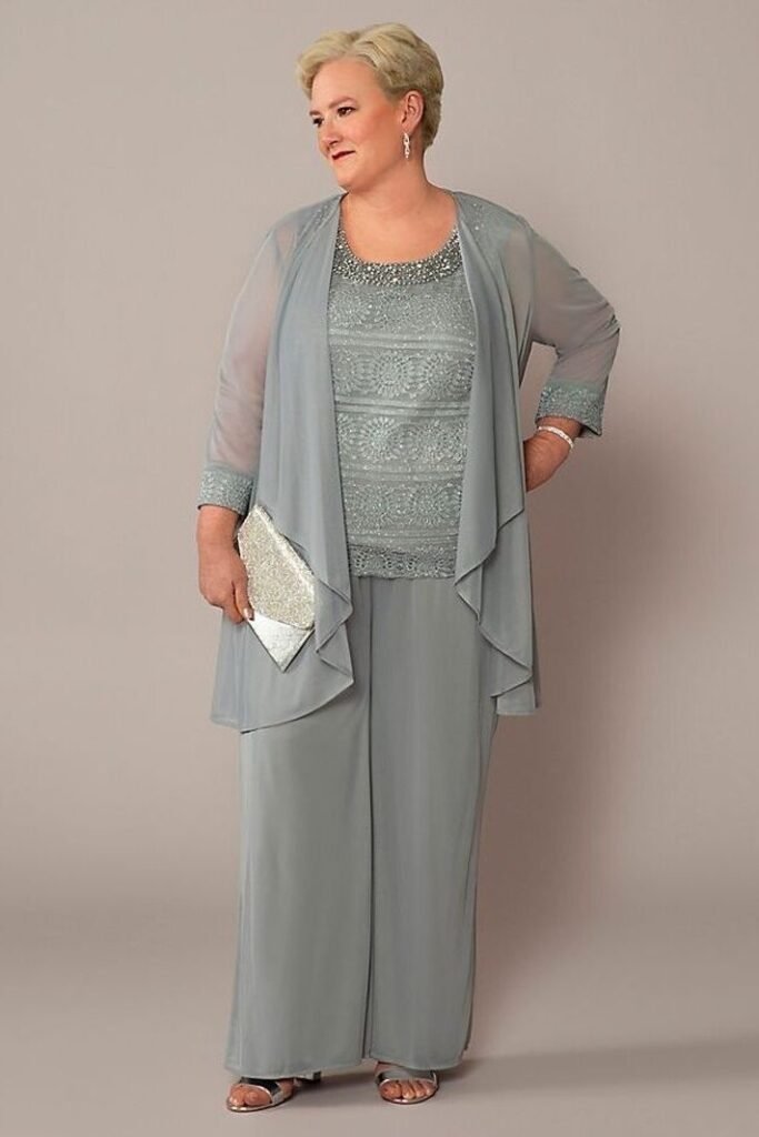 Slate Grey Beaded Lace Top + Matching Sheer Jacket + Wide-Leg Trousers + Silver Open-Toe Heels