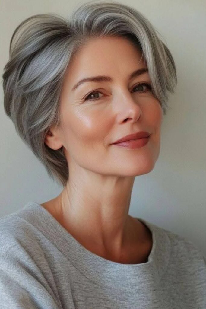 45. Sleek Brushed-Back Silver Bob
