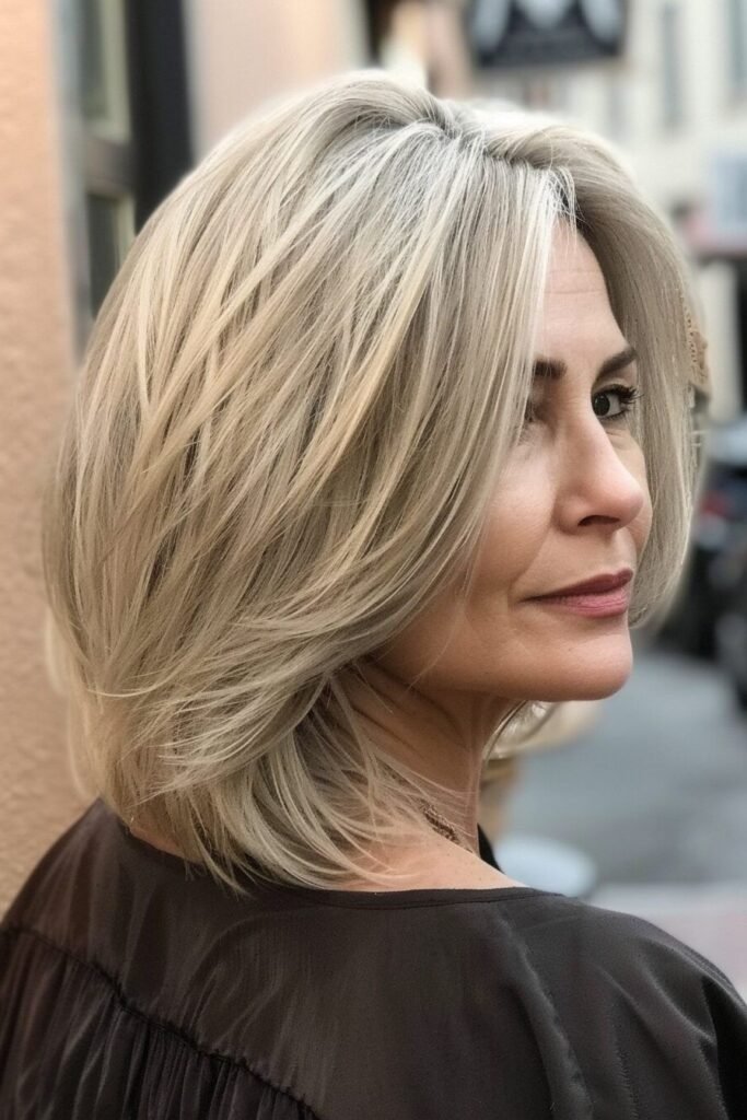Sleek Layered Ash Blonde Lob with Face-Framing Highlights