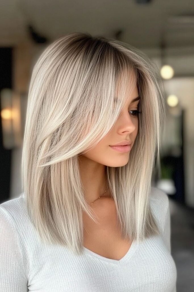 Sleek Platinum Blonde Lob with Long Side-Swept Bangs