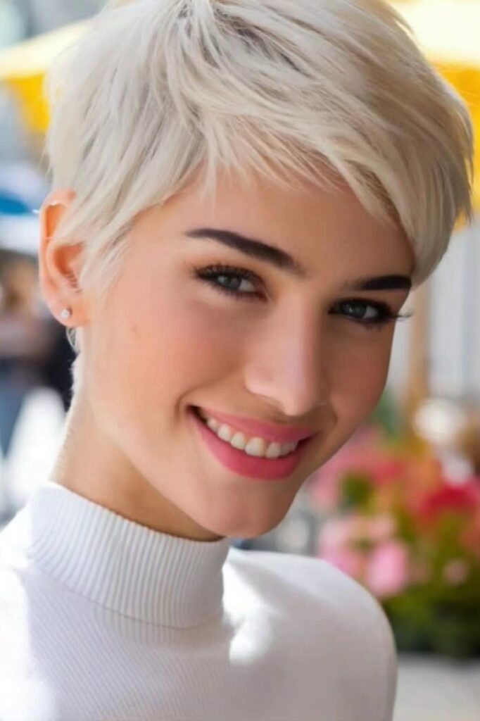 31. Sleek Platinum Pixie Cut with Side-Swept Bangs