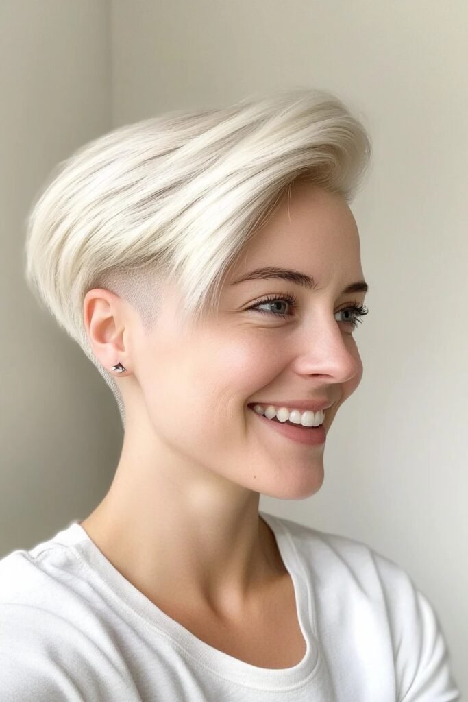 24. Sleek Platinum Pixie with Deep Side Part