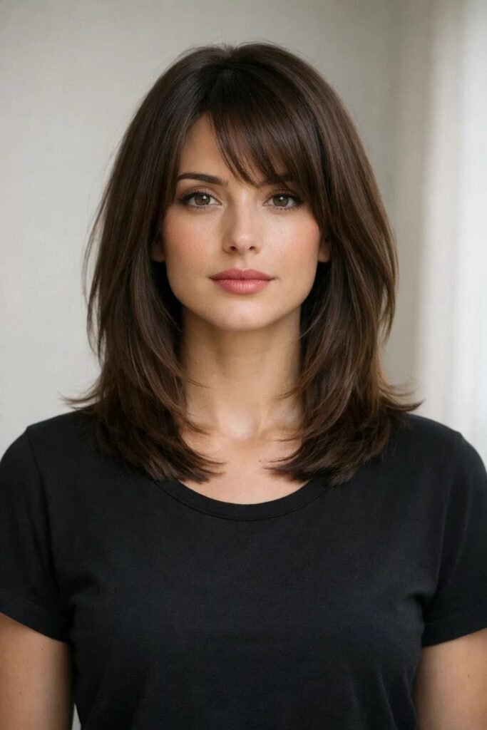 33. Sleek Shoulder Length Hair with Side-Swept Bangs