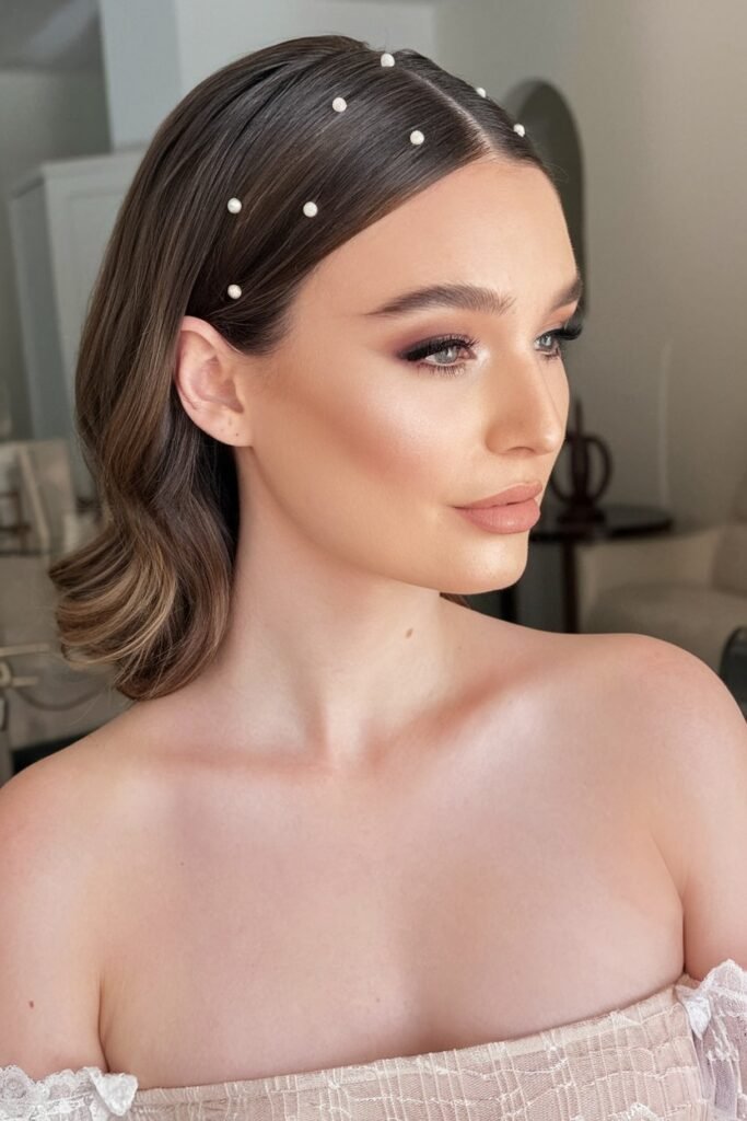 Sleek Side-Parted Bob with Delicate Pearl Accents