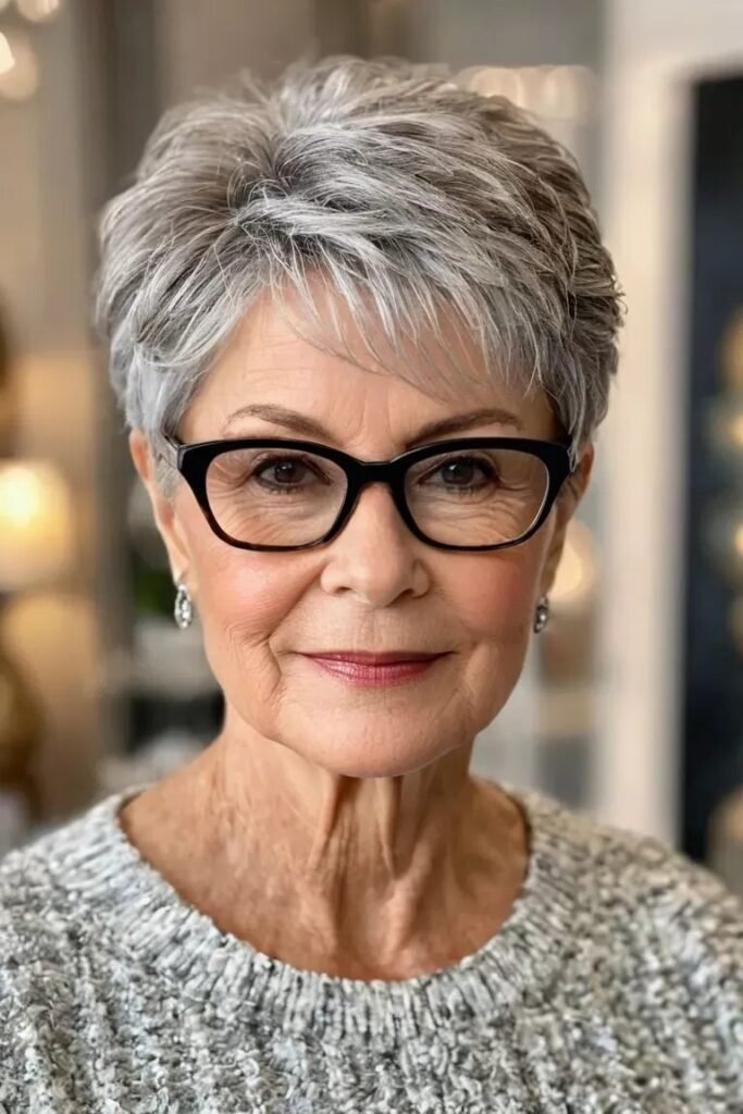 Sleek Silver Pixie Cut with Pointed Sideburns