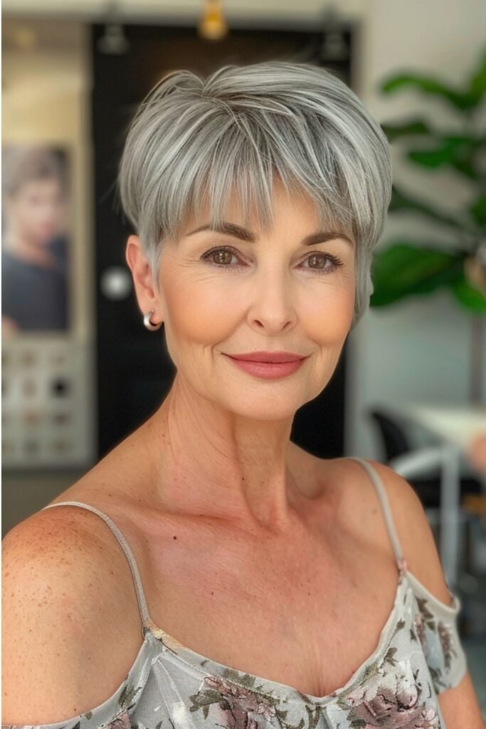 Sleek Silver Pixie Cut with Straight Wispy Fringe