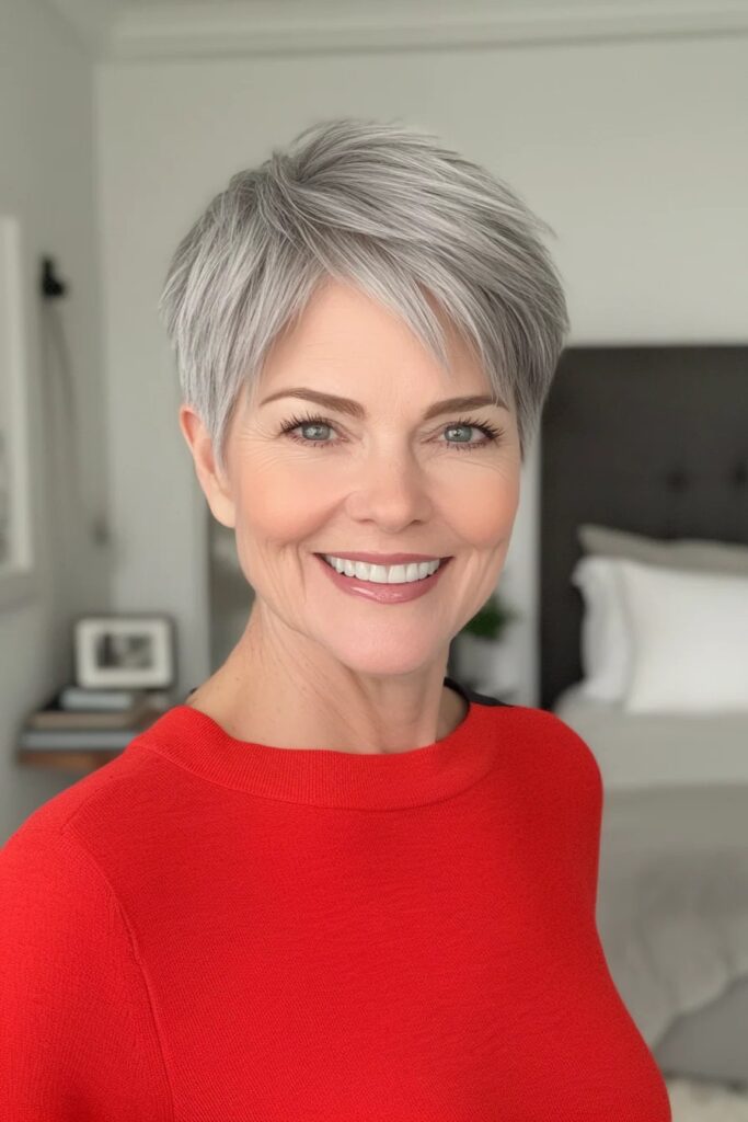 43. Sleek Silver Pixie with Feathered Crown Layers