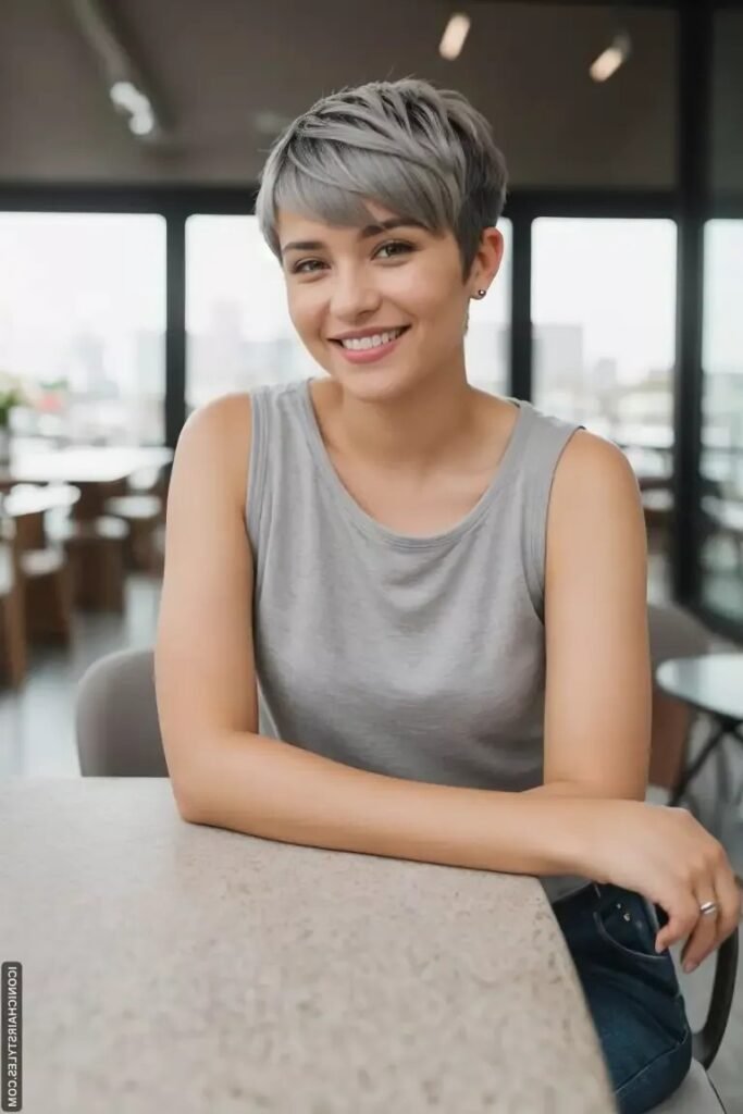 Sleek Silver Pixie with Side-Parted Fringe