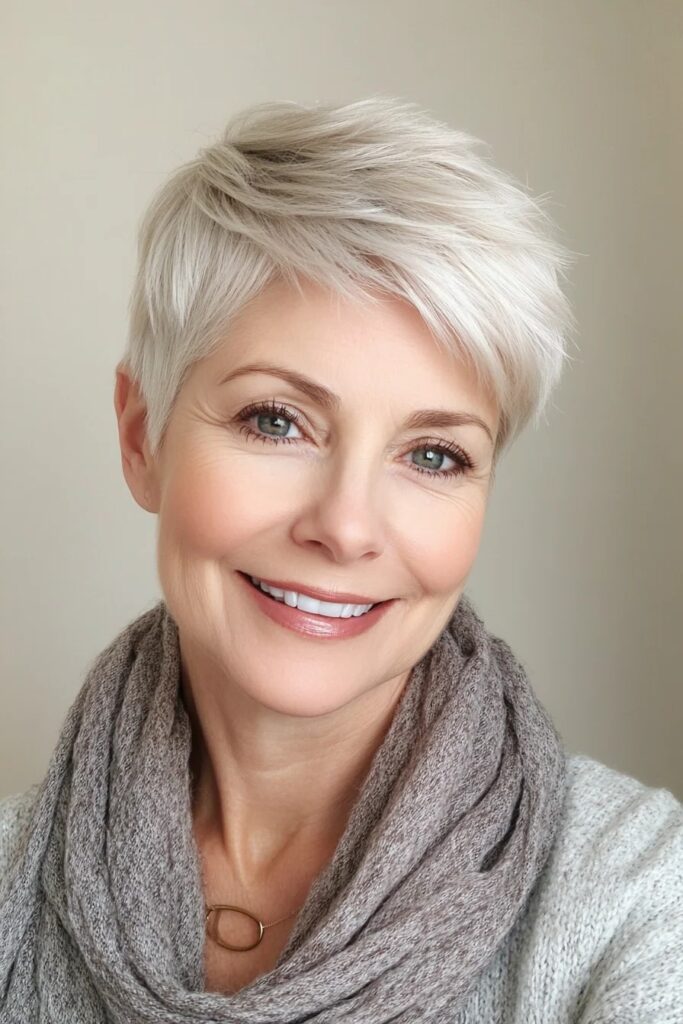 29. Sleek Silver Pixie with Side-Parted Fringe and Soft Texture