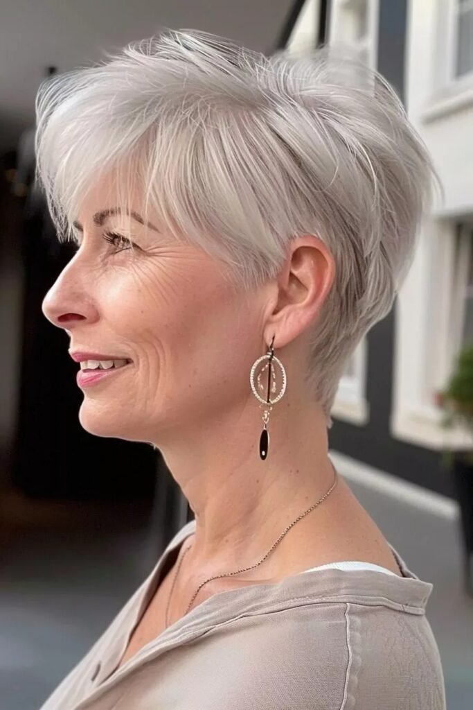 Sleek Silver Pixie with Wispy Side-Swept Bangs