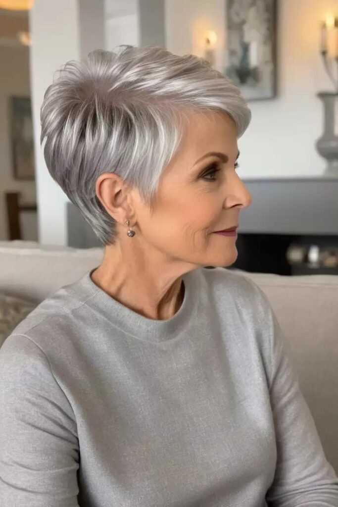 Sleek Silver Tapered Pixie with Side-Swept Fringe