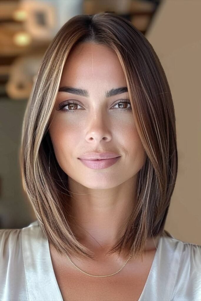 Sleek Straight Brunette Lob with Blonde Face-Framing Highlights