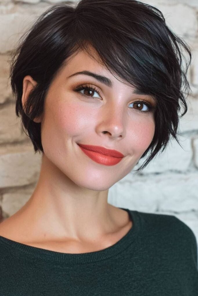 Sleek Tapered Black Pixie with Piecey Side Fringe