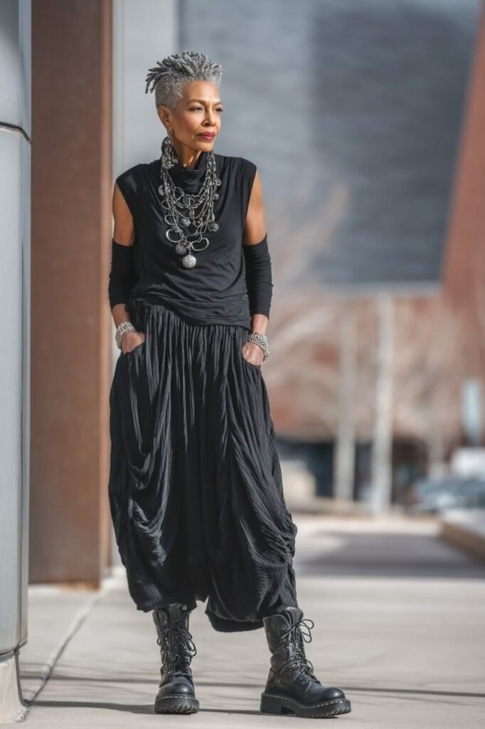 Sleeveless Black Drape Top + Voluminous Black Harem Pants + Chunky Black Combat Boots