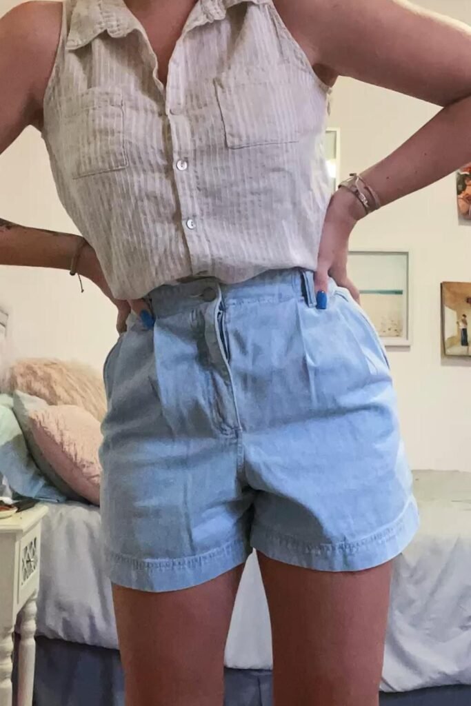 Sleeveless Pinstripe Button-Up + High-Waisted Light Wash Denim Shorts