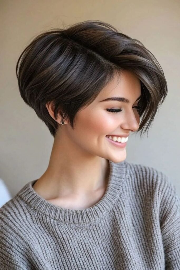 Smooth Dark Espresso Pixie with Voluminous Side-Swept Bangs