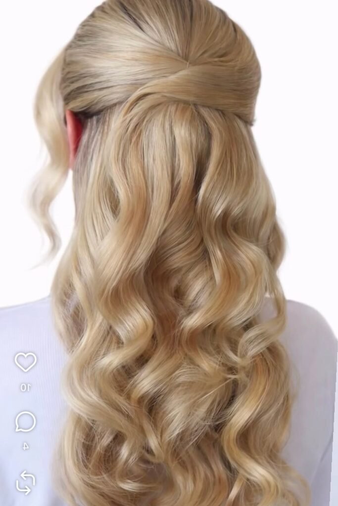 Smooth Half-Up Criss-Cross Top Section with Defined Hollywood Blonde Curls