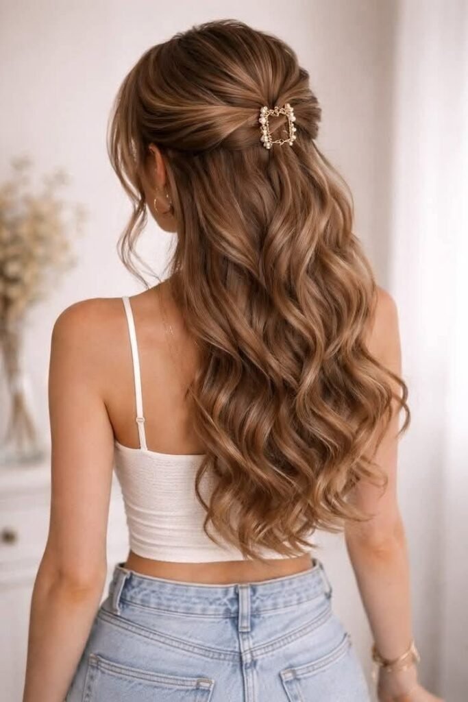 Smooth Half-Up Style with Elegant Gold Geometric Hair Claw