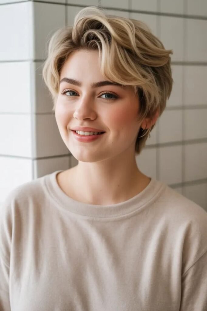 Soft Blonde Pixie with Tapered Sides and Voluminous Top