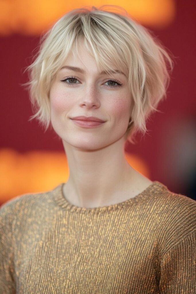 22. Soft Blonde Shaggy Pixie with Wispy Bangs