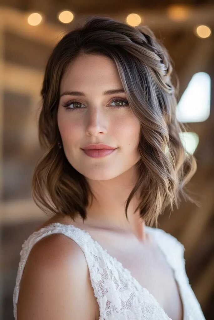 Soft Brunette Waves with Subtle Side-Pinned Braid