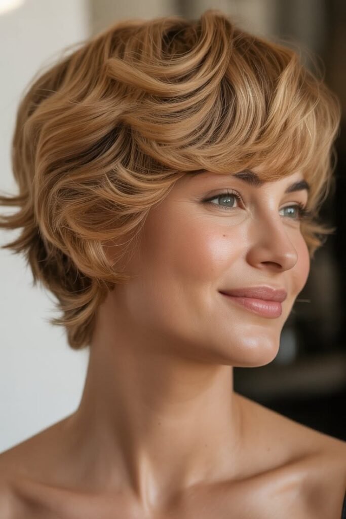 Soft Honey Blonde Wavy Pixie with Curled Layers