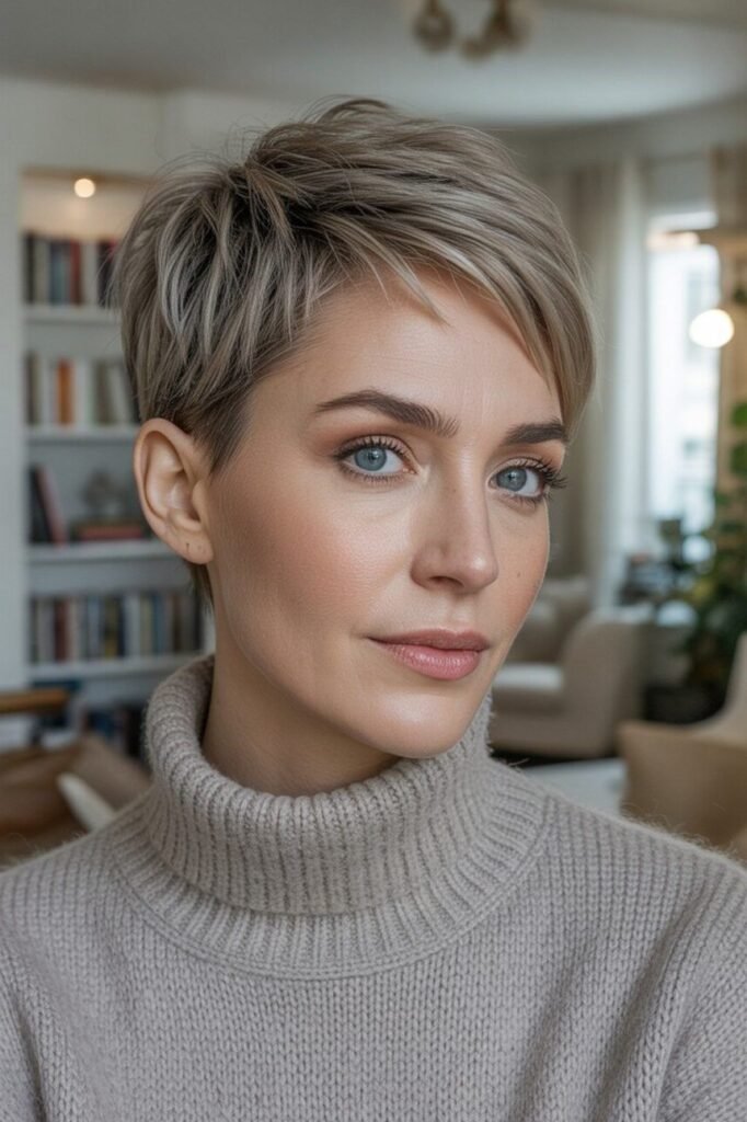 Soft Layered Ash Blonde Pixie with Tucked Sides