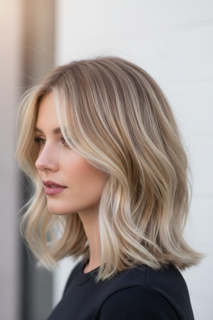 Soft Wavy Mid-Length Blonde Hair with Center-Parted Bangs